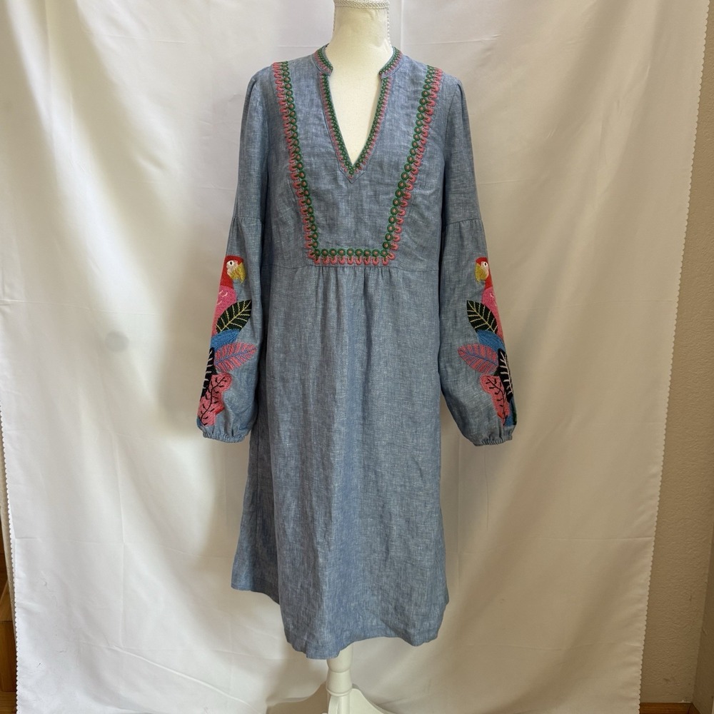 Boden Leonie Parrot Embroidered Linen Dress Blue Women's Resort Vacation 10R - Picture 2 of 15